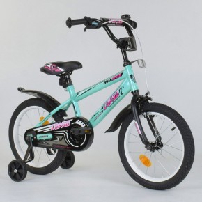 Велосипед 16" дюймов 2-х колёсный  "CORSO" EX-16 N 5171 (1) БИРЮЗОВЫЙ, ручной тормоз, звоночек, доп. колеса, СОБРАННЫЙ НА 75% [Коробка]  